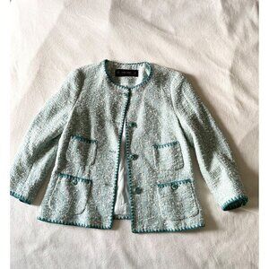 ZARA Cropped Sleeve Tweed pocket Jacket teal turquoise blue coco style M bust38